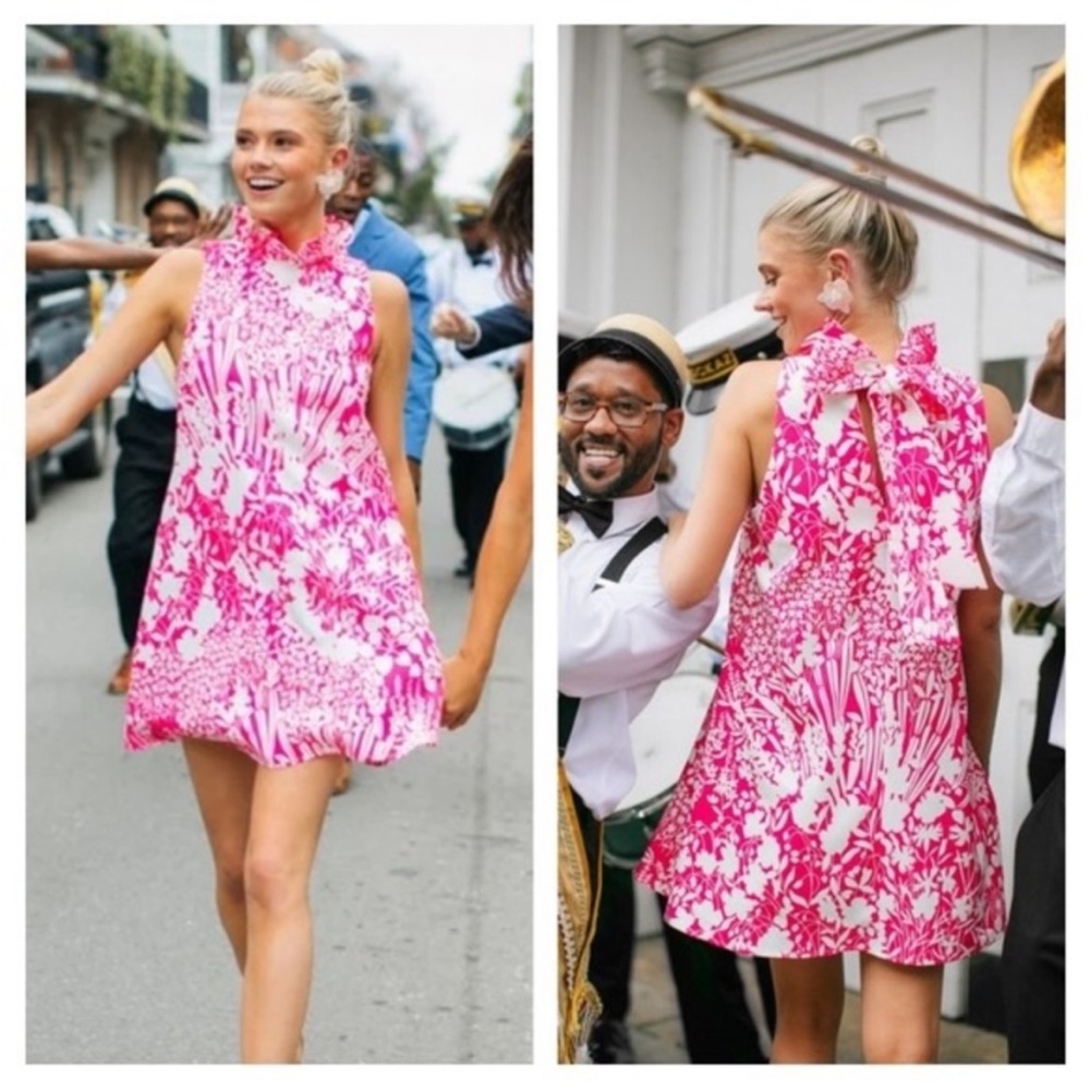 Tuckernuck Pink White Floral Blythe High Collar Bow Dress